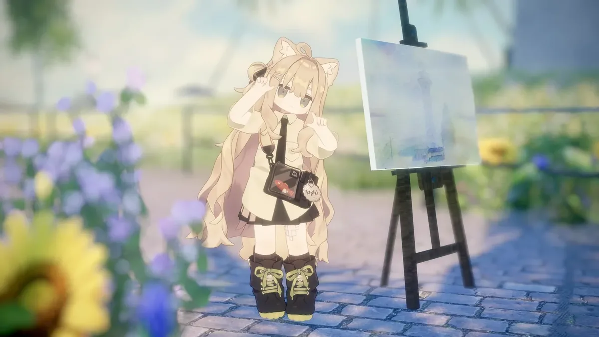 花园砖石小路上，猫耳少女站在画架旁抬手遮阳